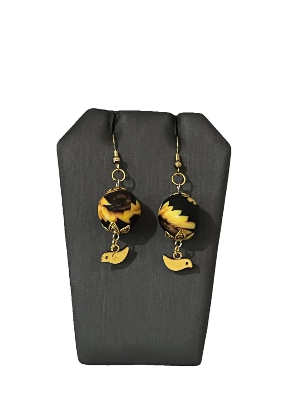 Sunflower Bead Dangle Earrings Gold Bird Charm Black Yellow Floral Boho